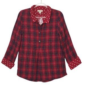 Appleseed’s Plaid Half Button Long Sleeve Top Red Black PM Cozy Casual Holiday